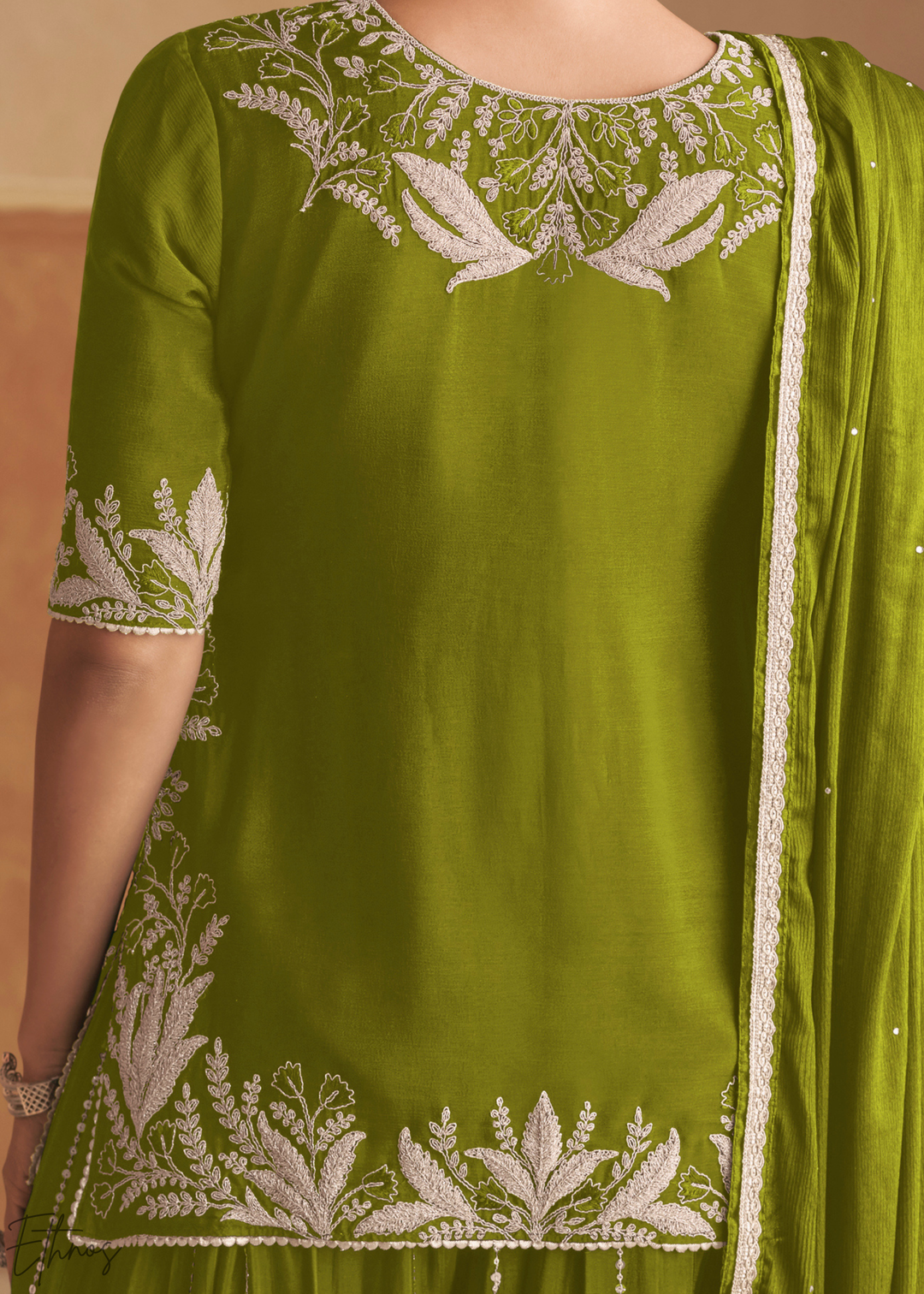 Olive Green Baroque-Embroidered Chinon Sharara Suit