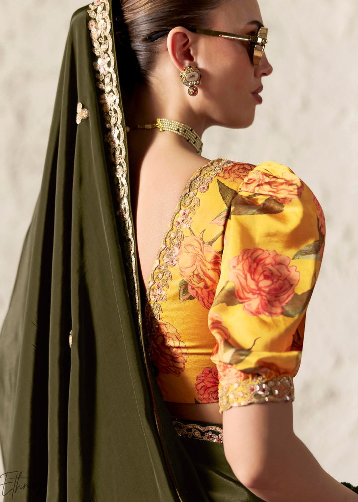 Olive Green Embroidered Glass Tissue Designer Saree