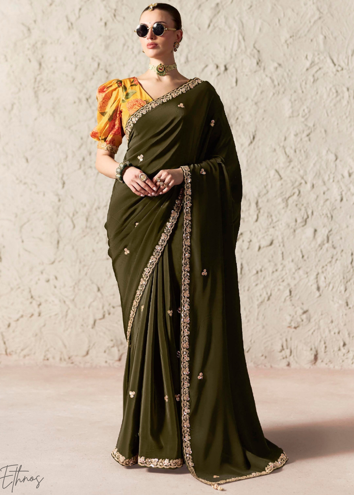 Olive Green Embroidered Glass Tissue Designer Saree