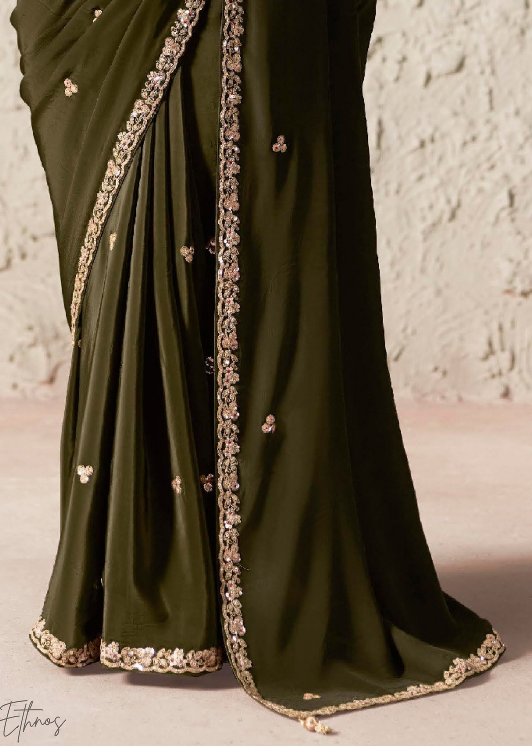 Olive Green Embroidered Glass Tissue Designer Saree