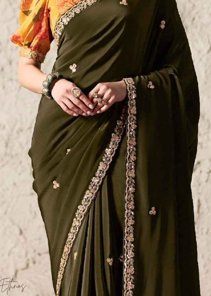 Olive Green Embroidered Glass Tissue Designer Saree