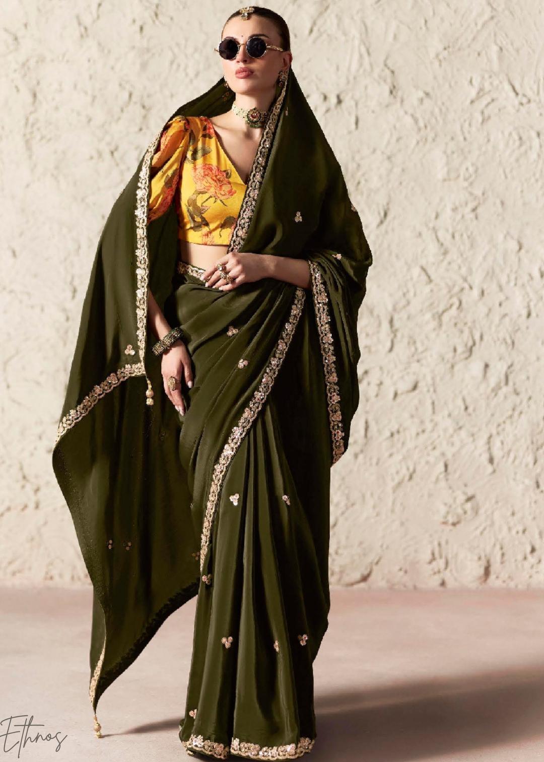 Olive Green Embroidered Glass Tissue Designer Saree