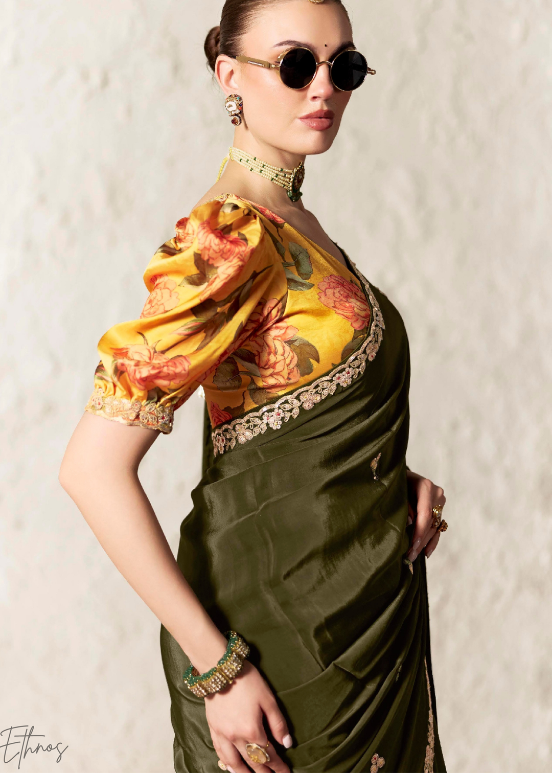 Olive Green Embroidered Glass Tissue Designer Saree