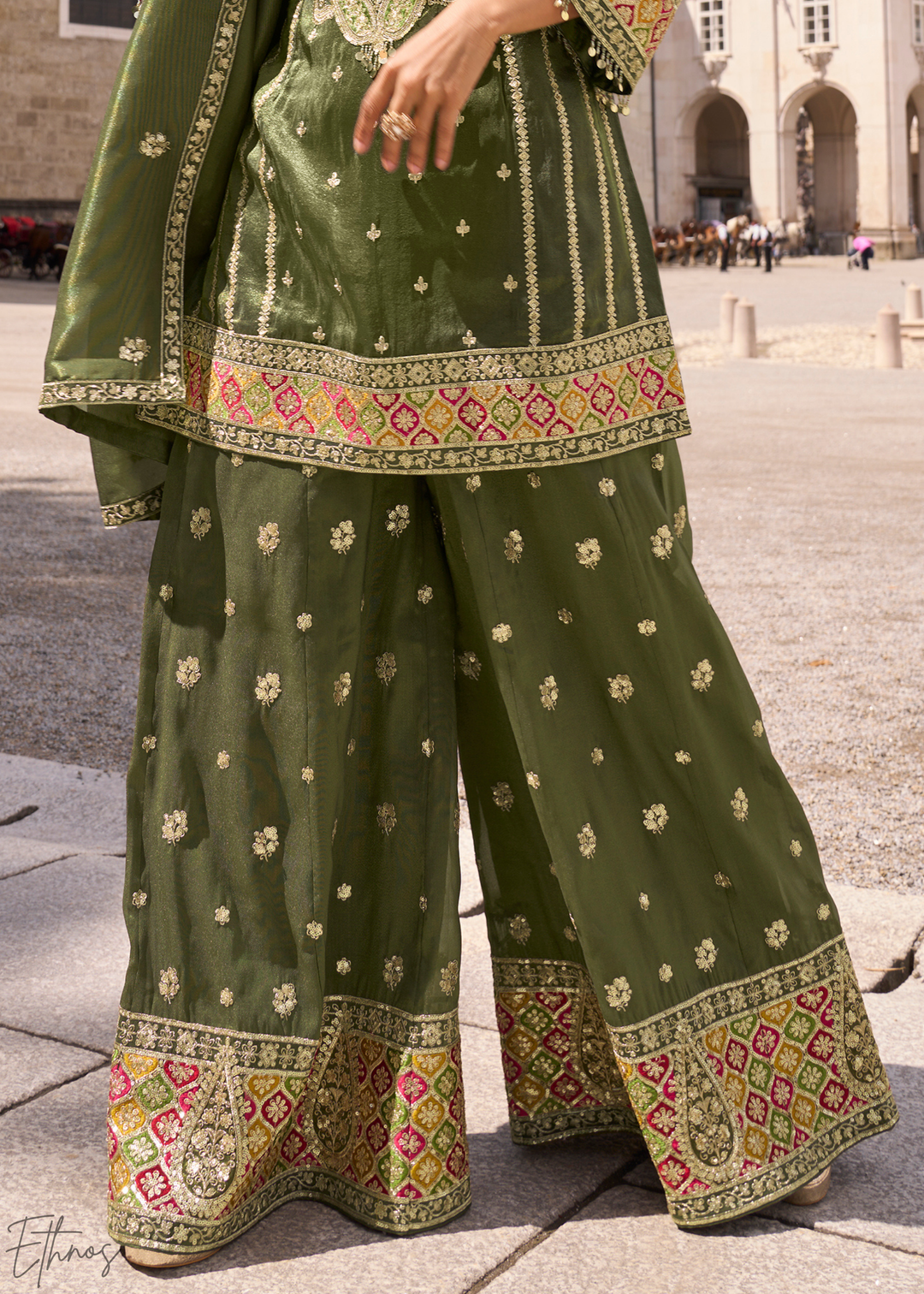 Olive Green Embroidered Simar Silk Palazzo Suit