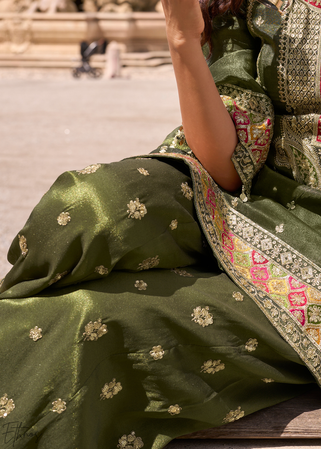 Olive Green Embroidered Simar Silk Palazzo Suit