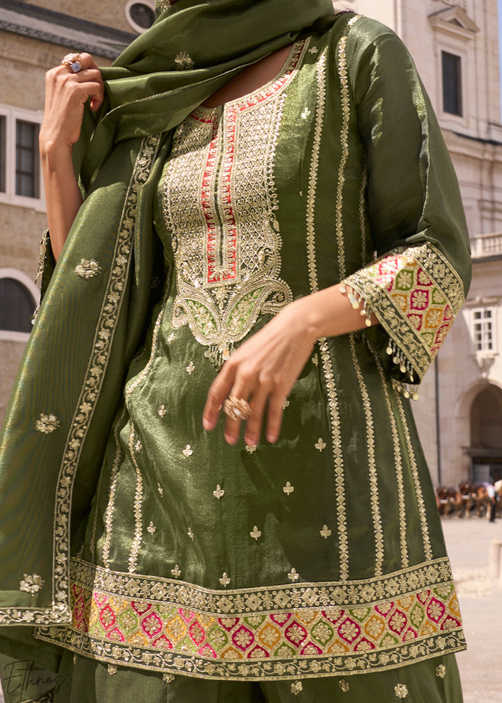Olive Green Embroidered Simar Silk Palazzo Suit