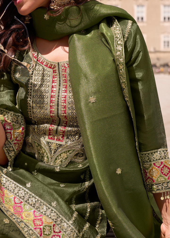 Olive Green Embroidered Simar Silk Palazzo Suit