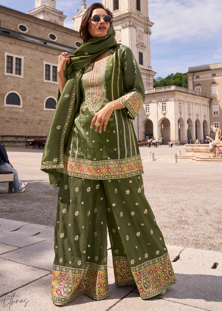 Olive Green Embroidered Simar Silk Palazzo Suit