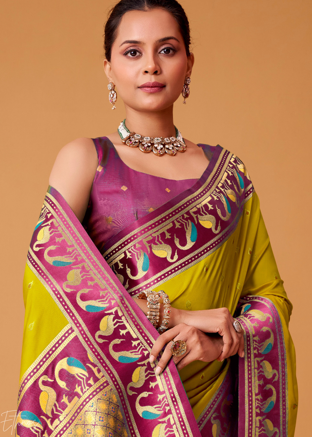 Olive Green Flamingo Satin Silk Saree