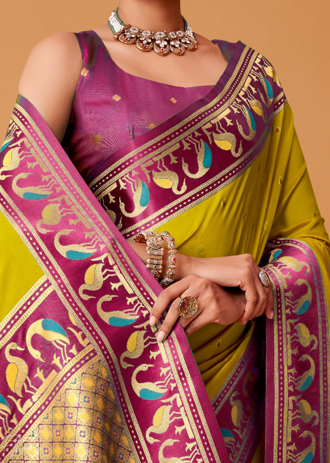 Olive Green Flamingo Satin Silk Saree