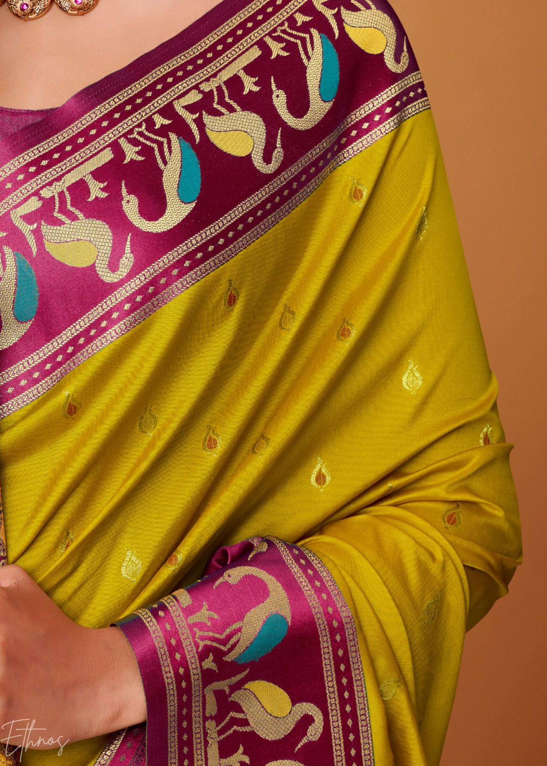 Olive Green Flamingo Satin Silk Saree