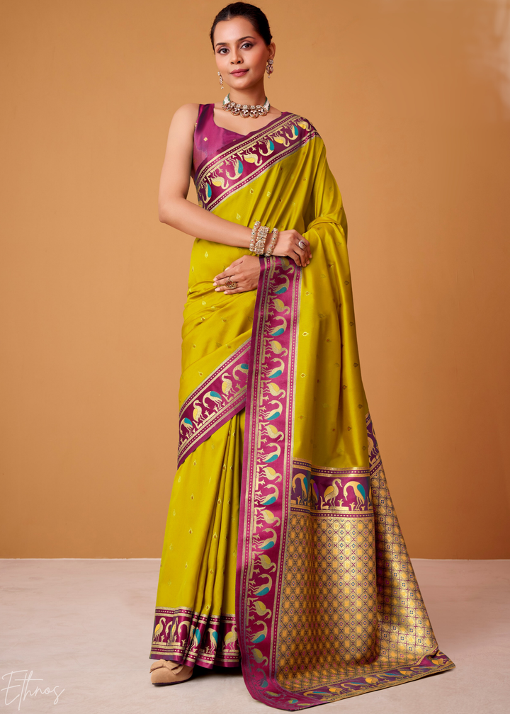 Olive Green Flamingo Satin Silk Saree