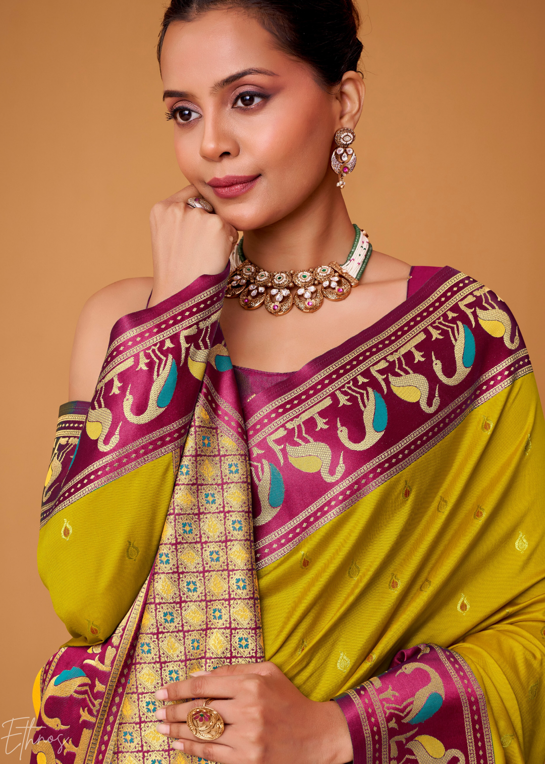 Olive Green Flamingo Satin Silk Saree