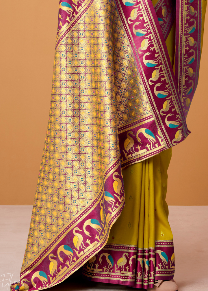 Olive Green Flamingo Satin Silk Saree
