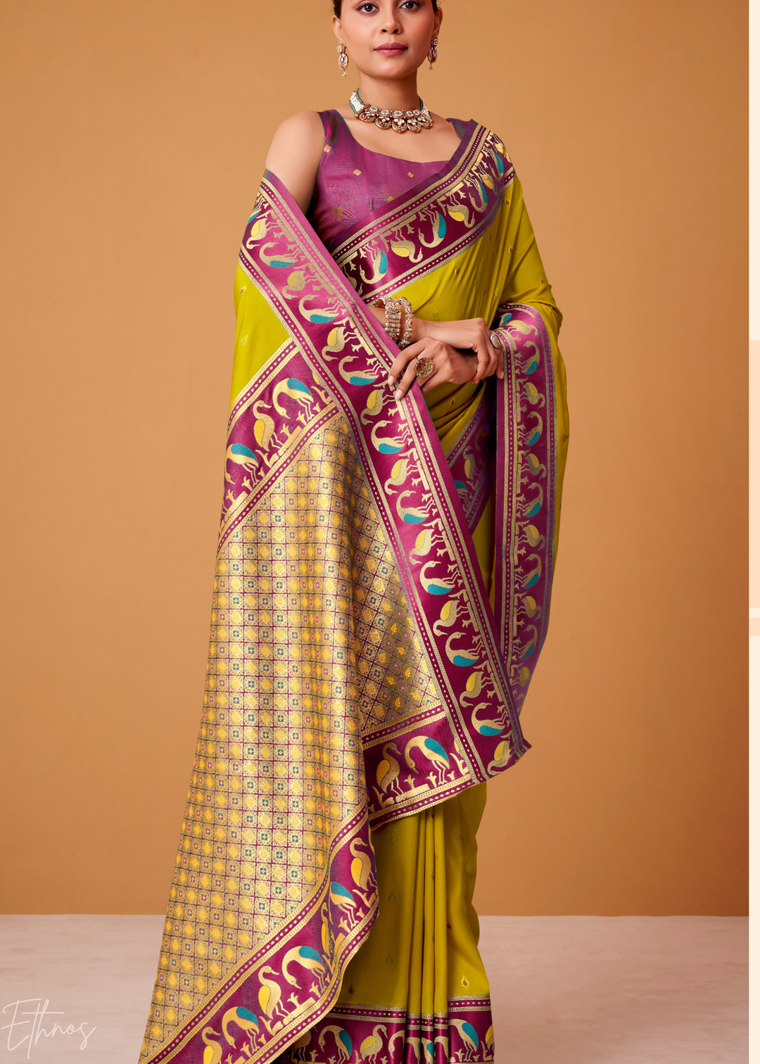 Olive Green Flamingo Satin Silk Saree
