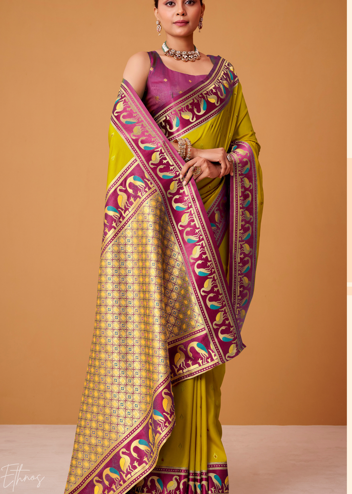 Olive Green Flamingo Satin Silk Saree