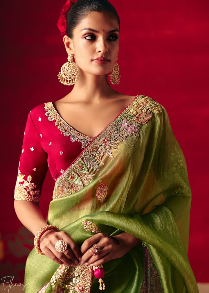 Olive Green Floral Sequin Embroidered Organza Tissue Saree