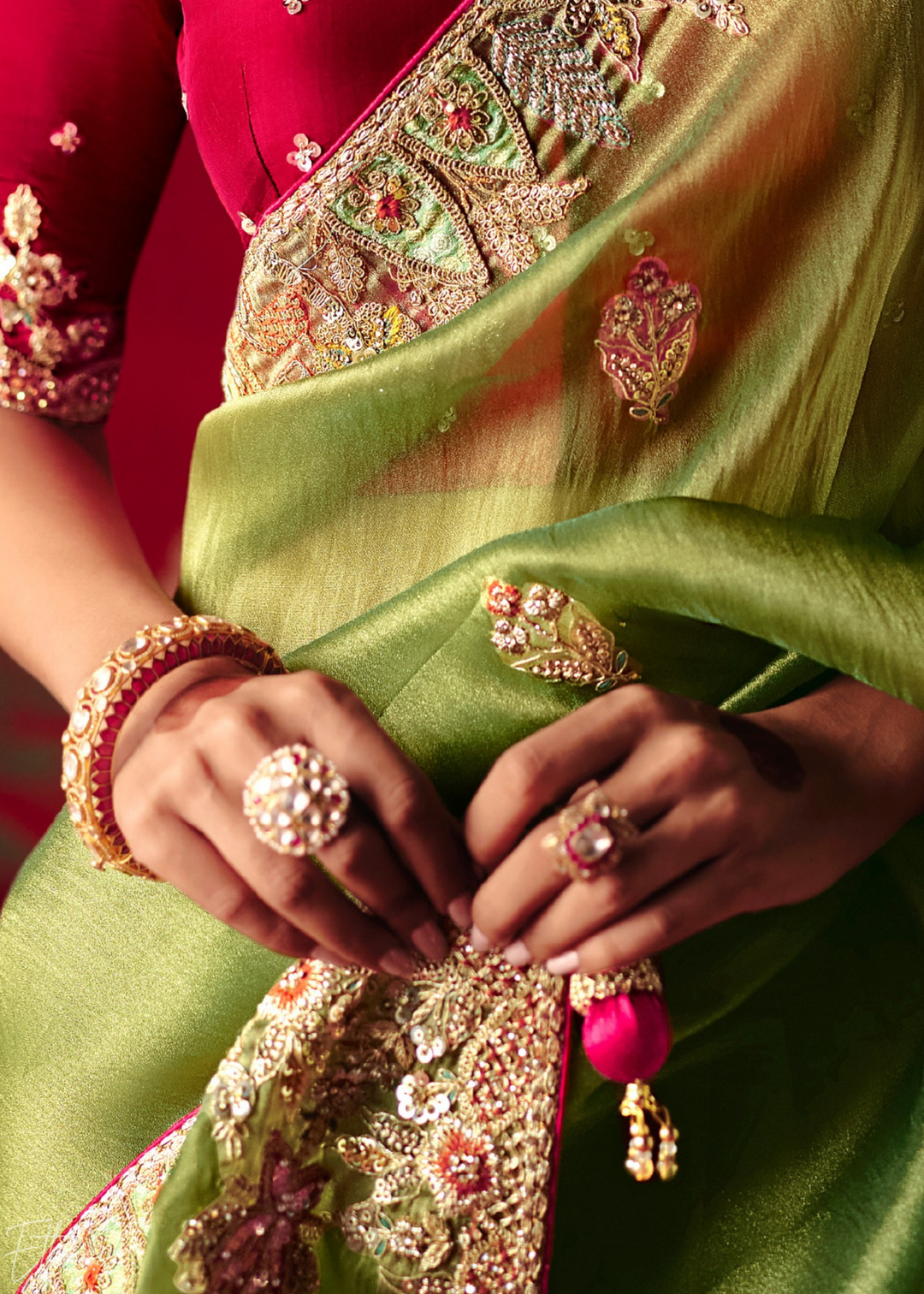 Olive Green Floral Sequin Embroidered Organza Tissue Saree
