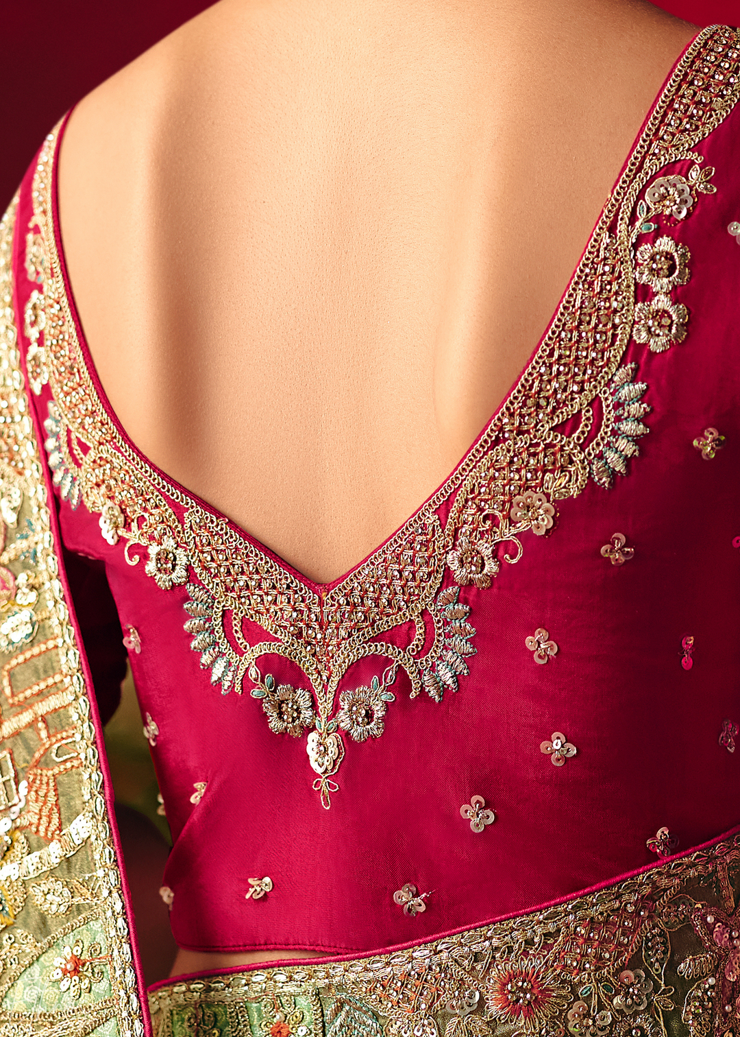 Olive Green Floral Sequin Embroidered Organza Tissue Saree