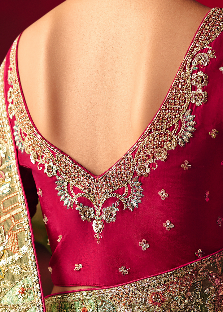 Olive Green Floral Sequin Embroidered Organza Tissue Saree