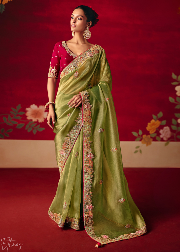 Olive Green Floral Sequin Embroidered Organza Tissue Saree