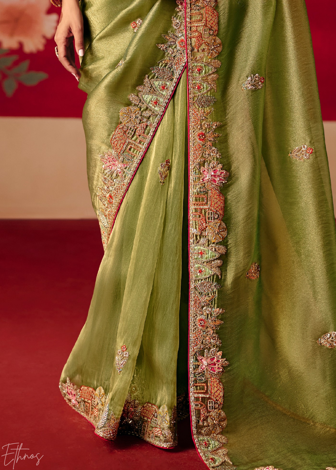 Olive Green Floral Sequin Embroidered Organza Tissue Saree