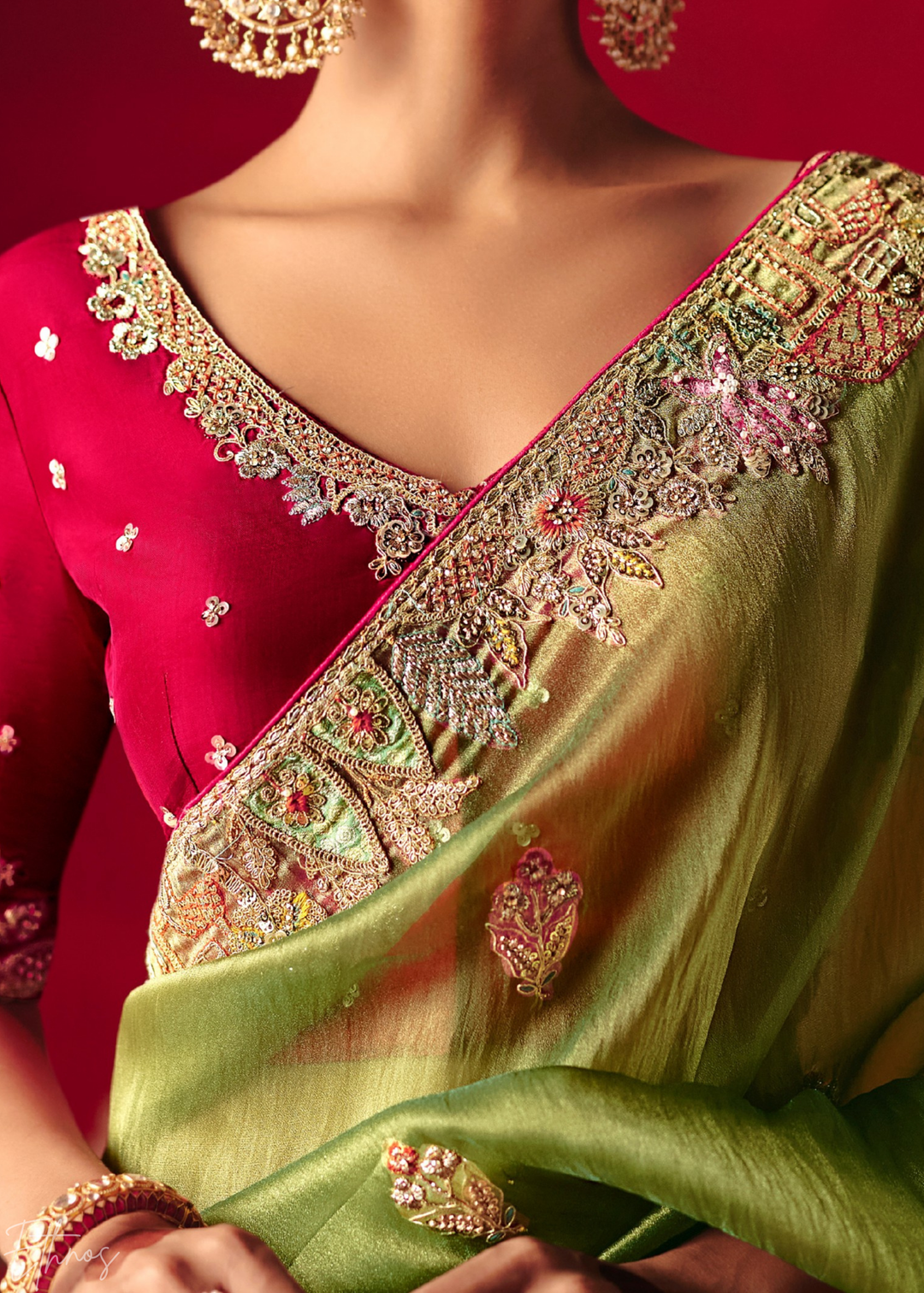 Olive Green Floral Sequin Embroidered Organza Tissue Saree