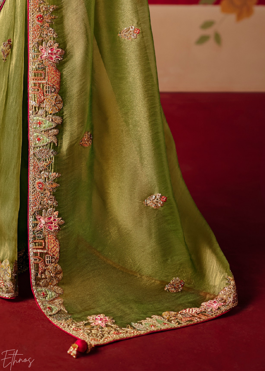 Olive Green Floral Sequin Embroidered Organza Tissue Saree