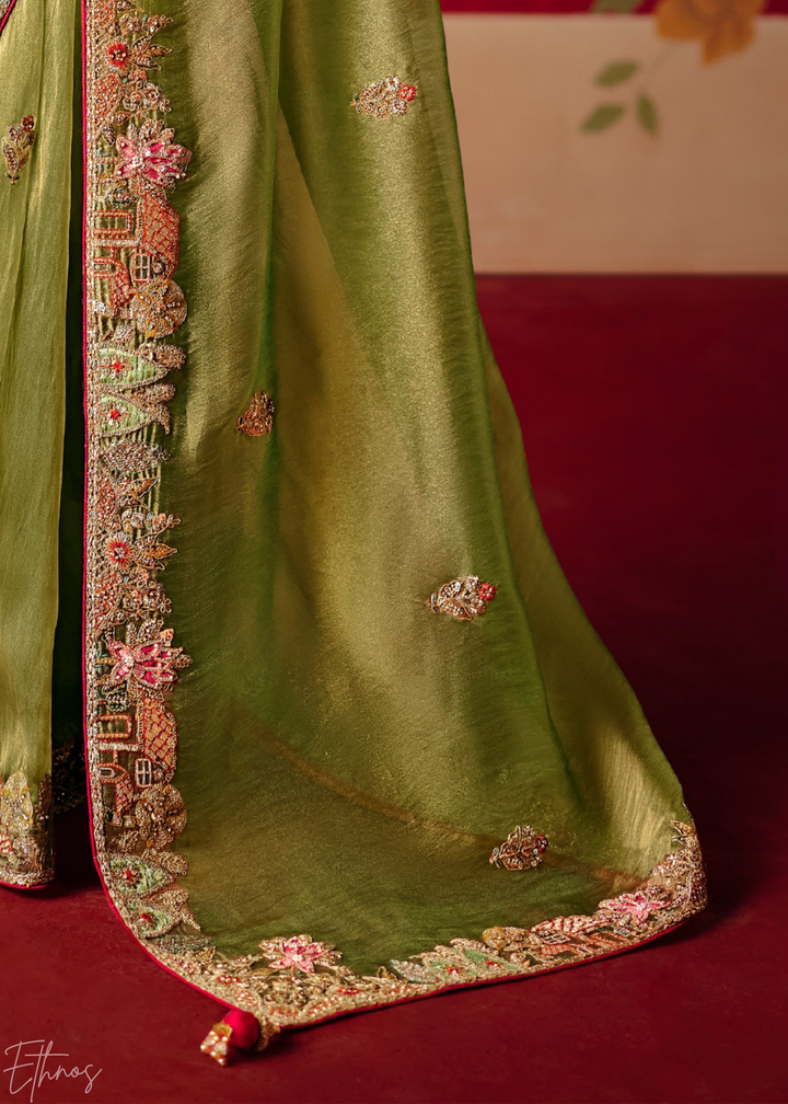 Olive Green Floral Sequin Embroidered Organza Tissue Saree
