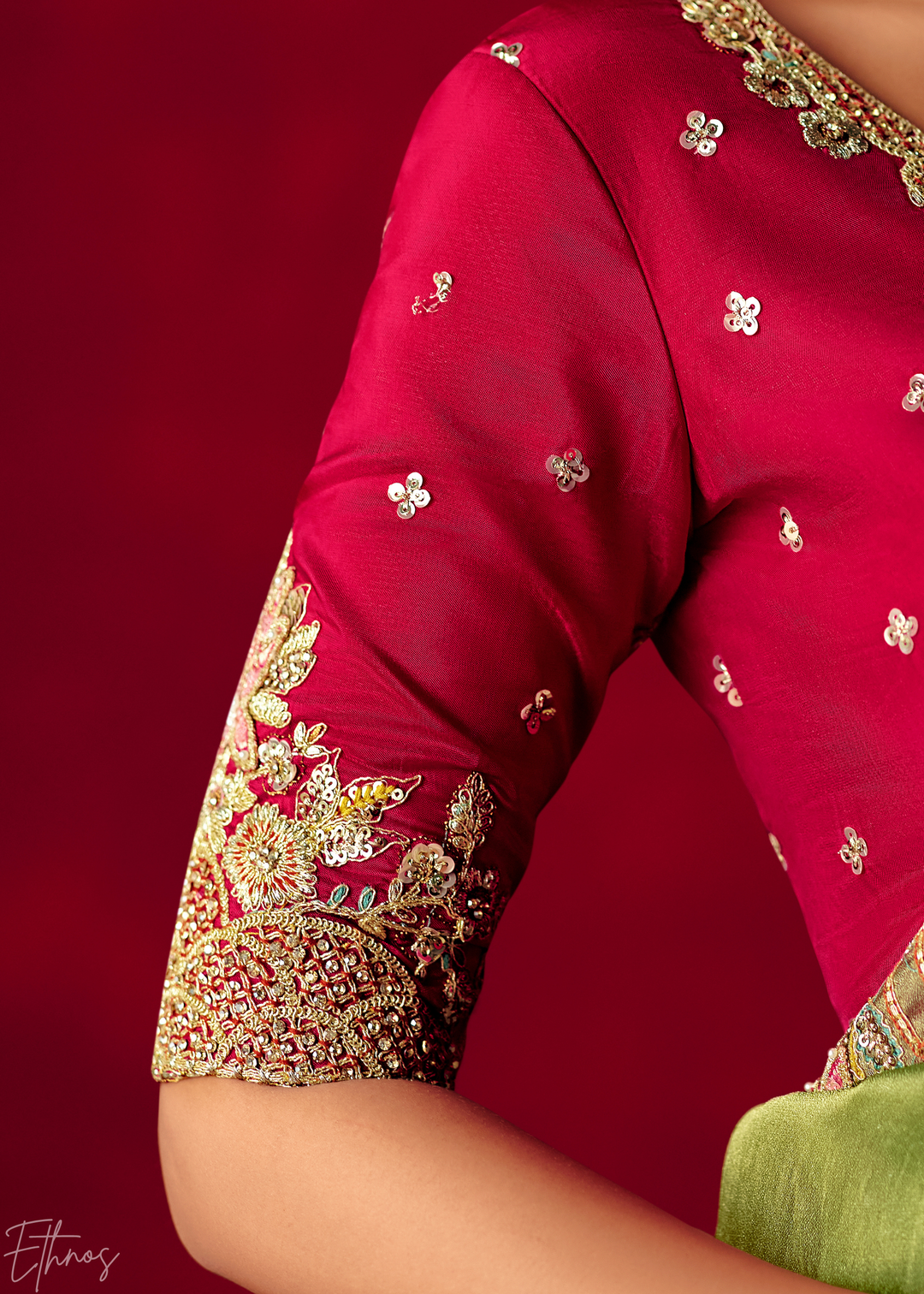 Olive Green Floral Sequin Embroidered Organza Tissue Saree