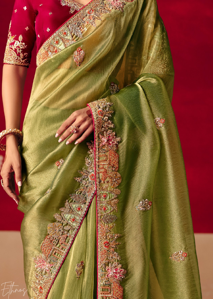 Olive Green Floral Sequin Embroidered Organza Tissue Saree