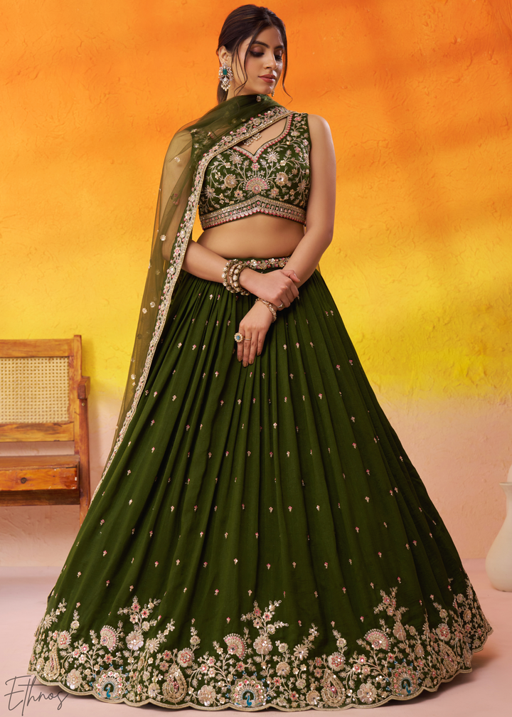Olive Green Floral Zari Embroidered Georgette Lehenga Choli
