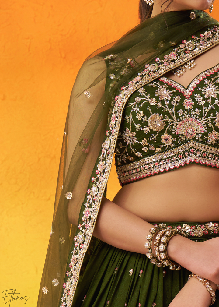 Olive Green Floral Zari Embroidered Georgette Lehenga Choli