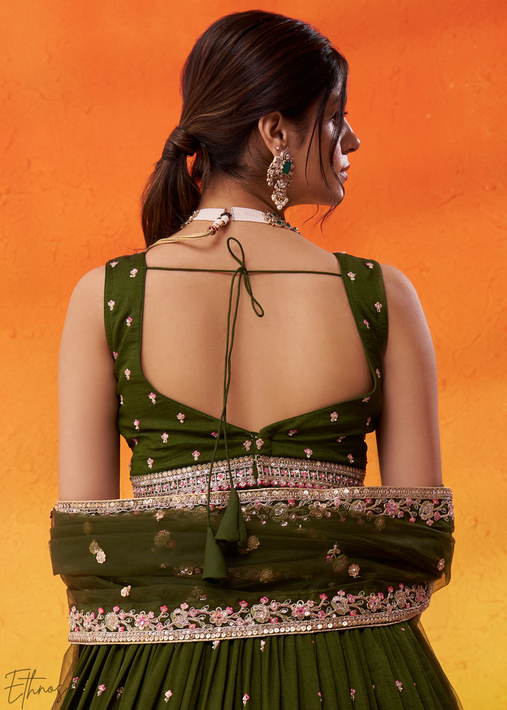Olive Green Floral Zari Embroidered Georgette Lehenga Choli