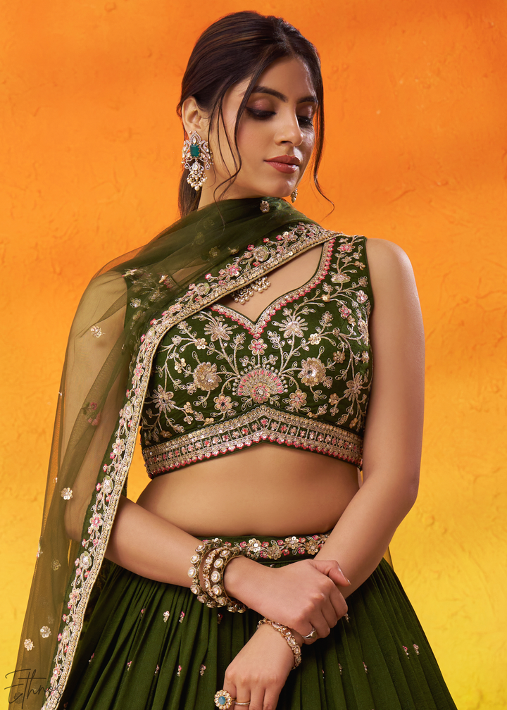 Olive Green Floral Zari Embroidered Georgette Lehenga Choli