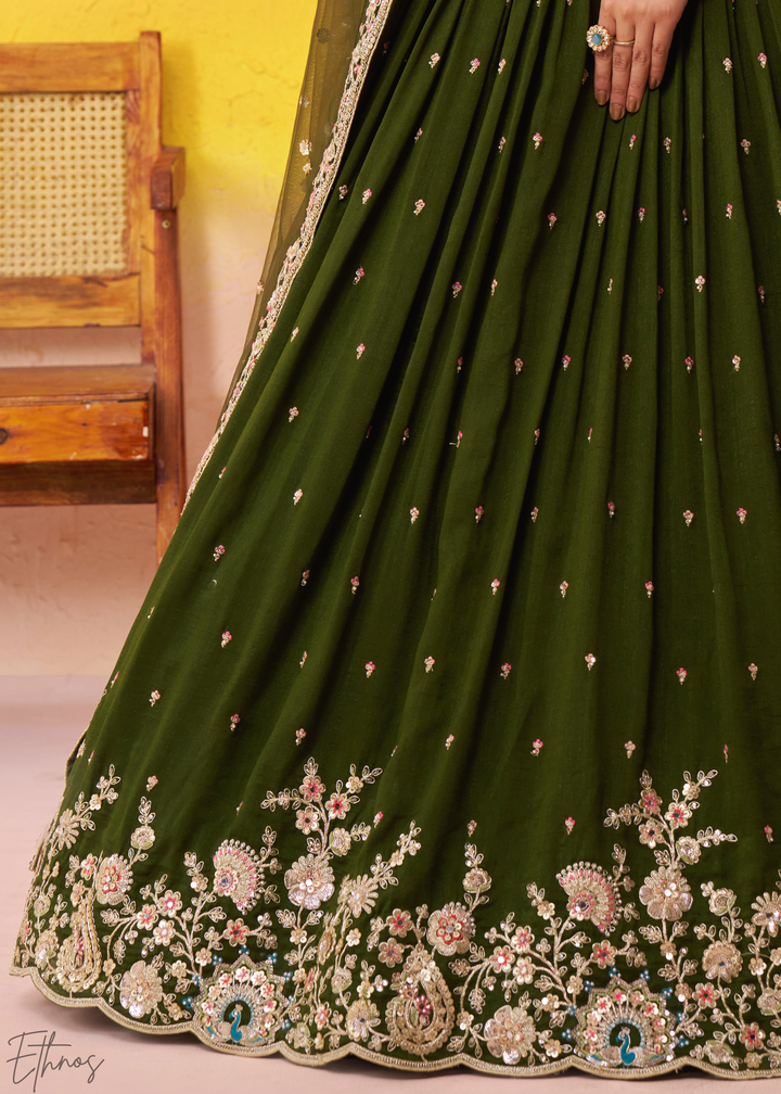 Olive Green Floral Zari Embroidered Georgette Lehenga Choli