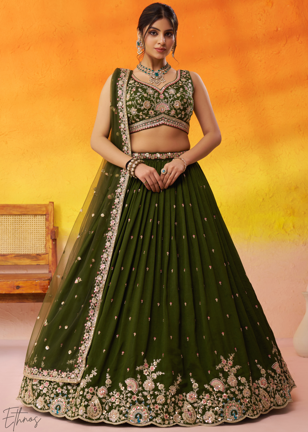 Olive Green Floral Zari Embroidered Georgette Lehenga Choli