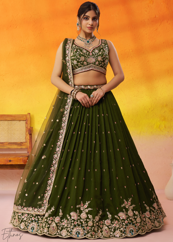 Olive Green Floral Zari Embroidered Georgette Lehenga Choli
