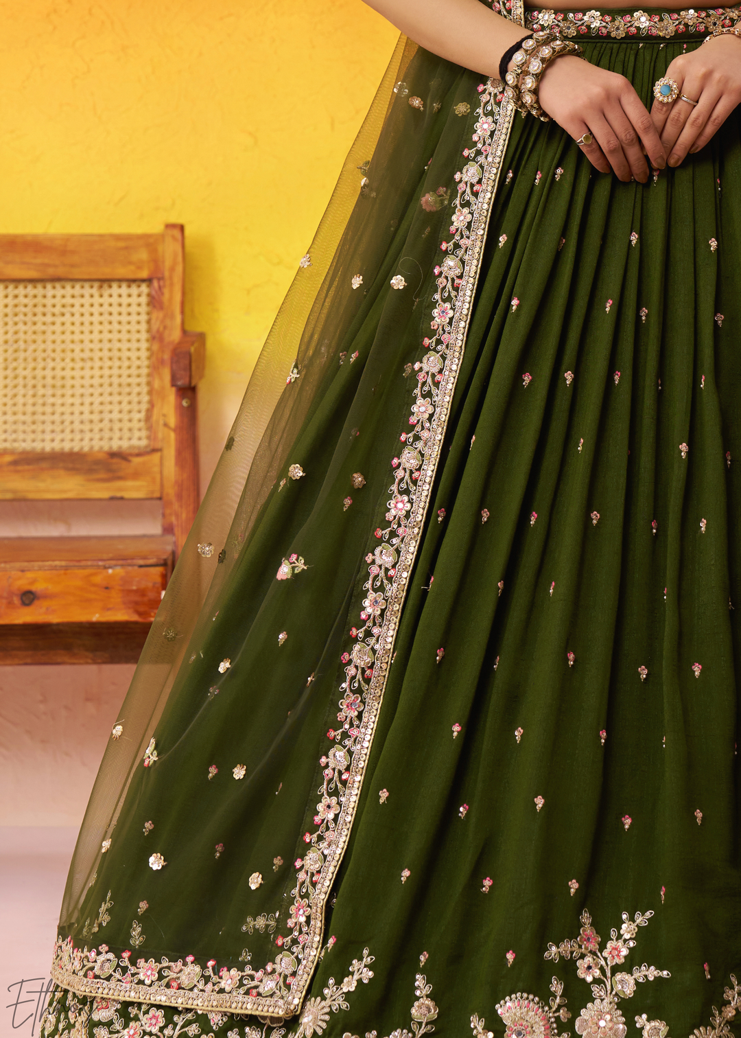 Olive Green Floral Zari Embroidered Georgette Lehenga Choli