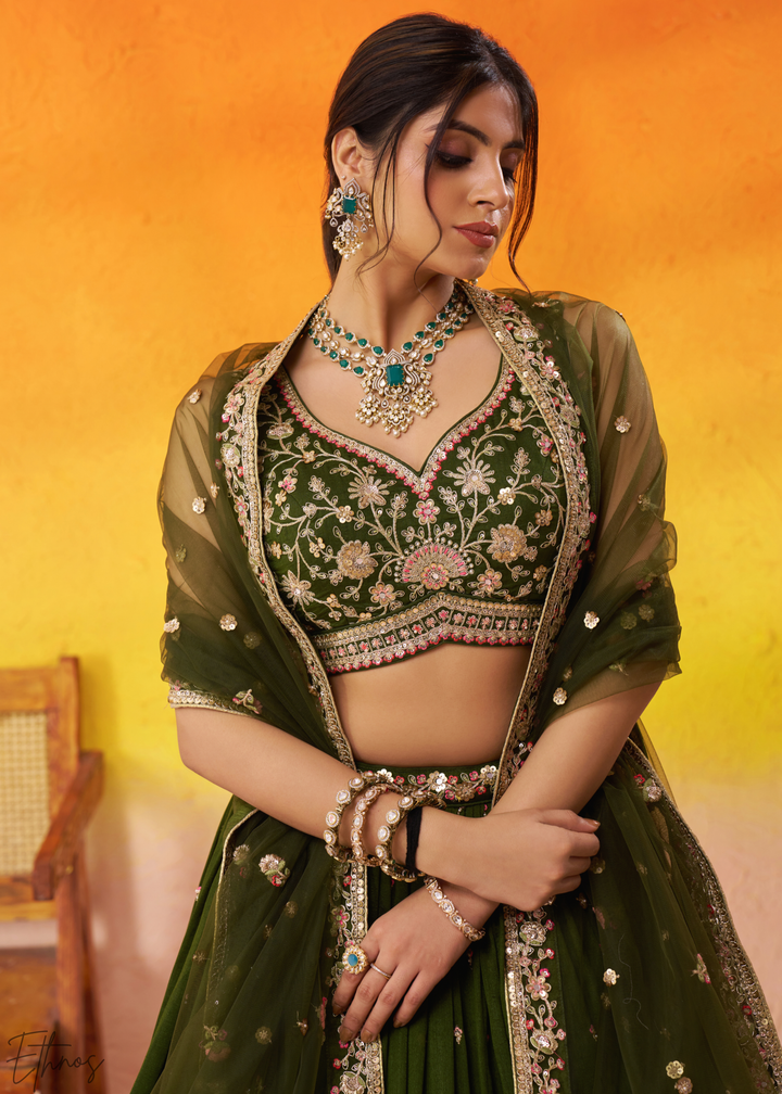 Olive Green Floral Zari Embroidered Georgette Lehenga Choli