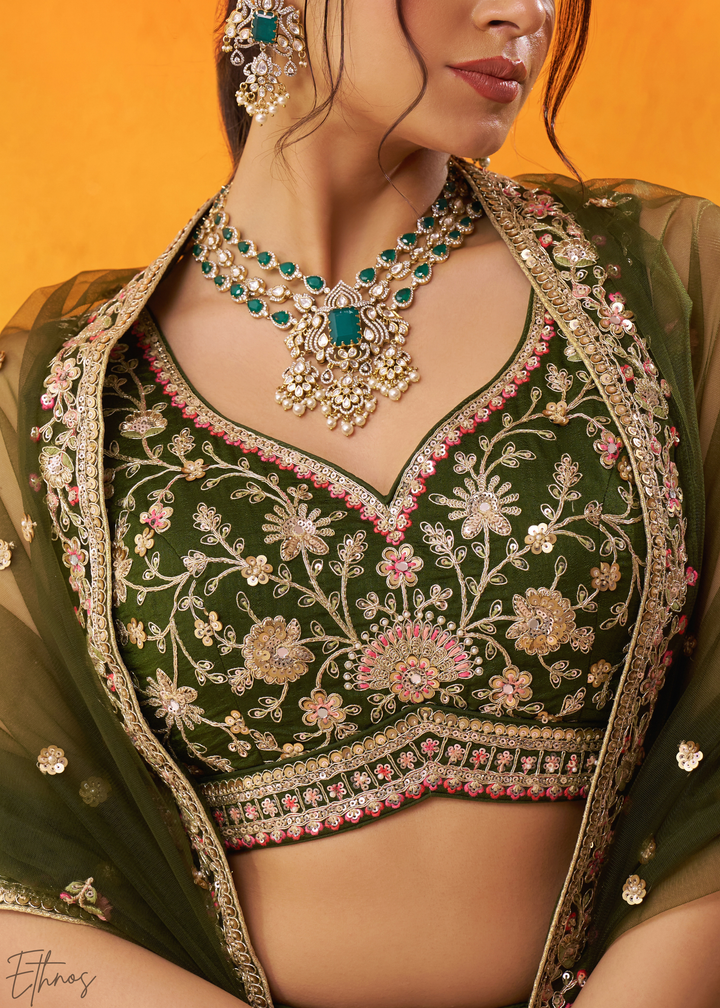 Olive Green Floral Zari Embroidered Georgette Lehenga Choli