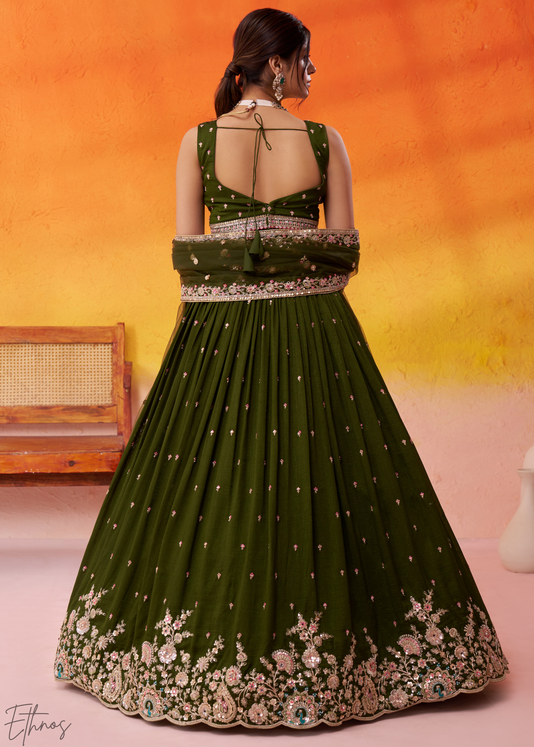 Olive Green Floral Zari Embroidered Georgette Lehenga Choli
