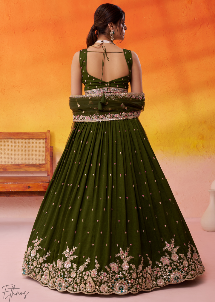 Olive Green Floral Zari Embroidered Georgette Lehenga Choli