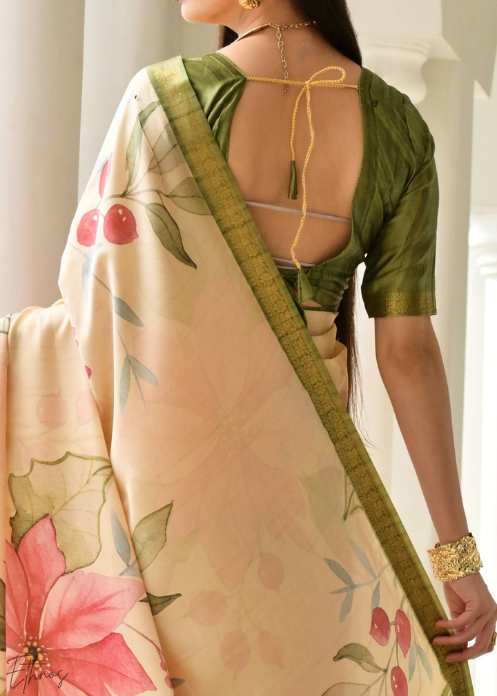 Olive Green Floral Zari Satin Silk Saree