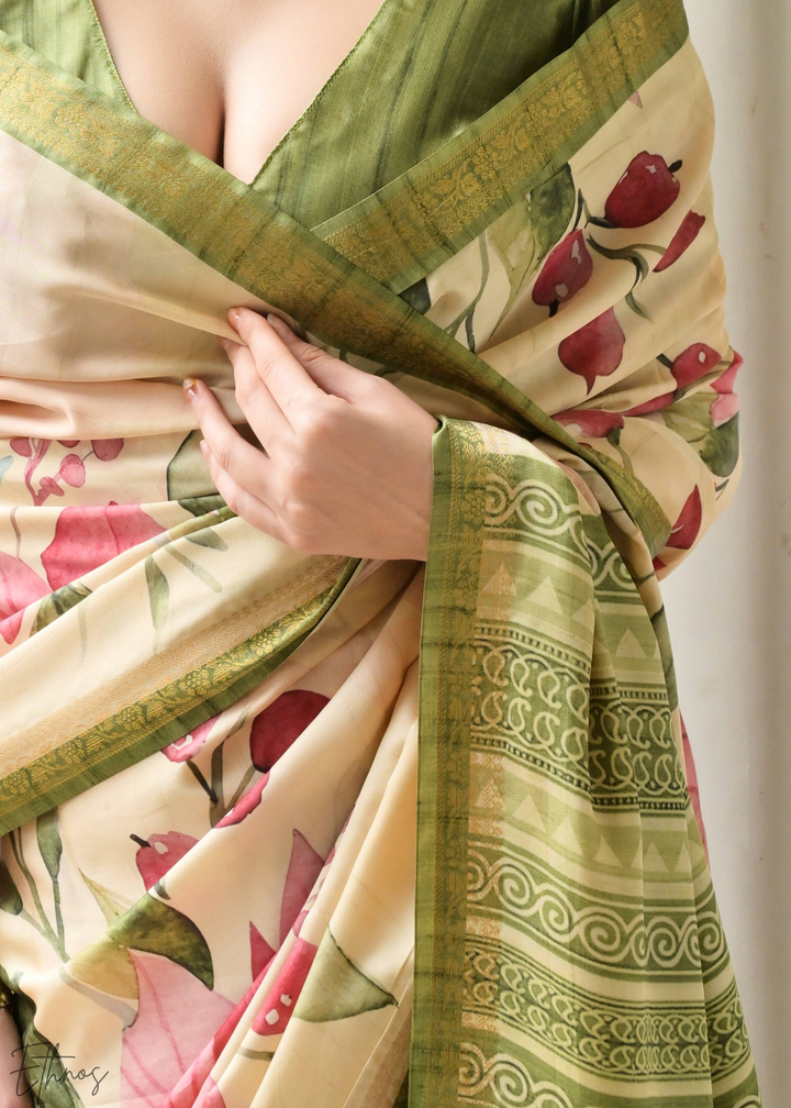 Olive Green Floral Zari Satin Silk Saree