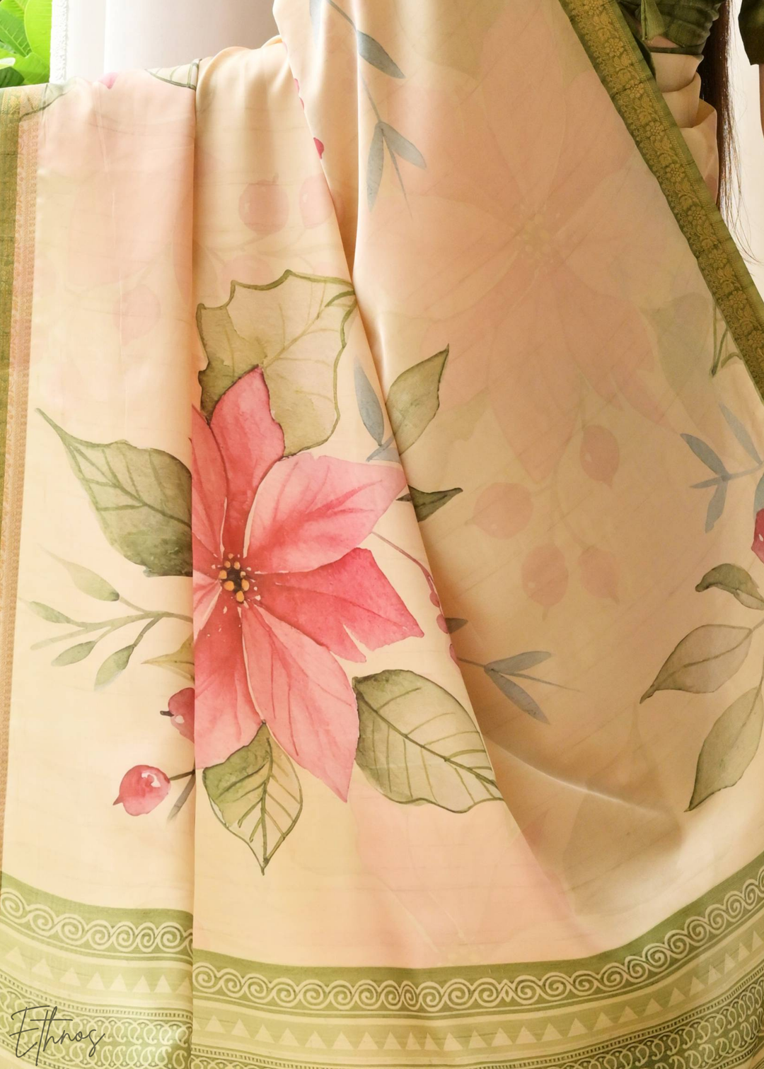 Olive Green Floral Zari Satin Silk Saree