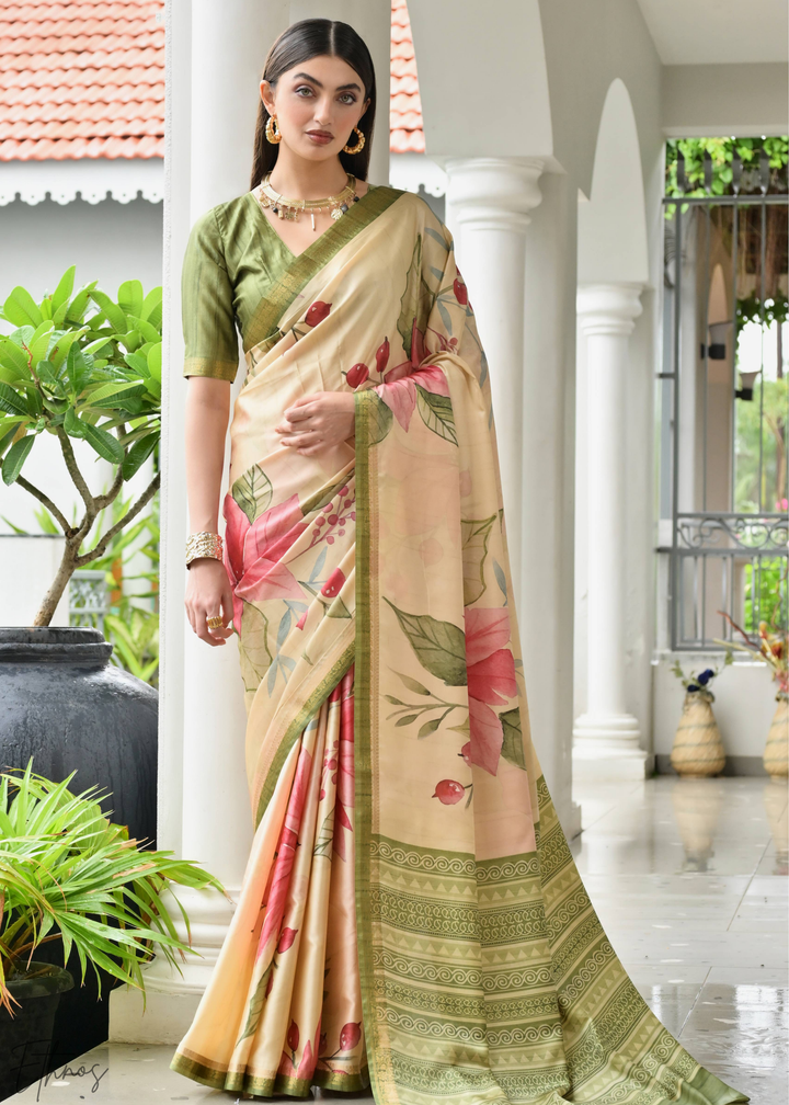 Olive Green Floral Zari Satin Silk Saree