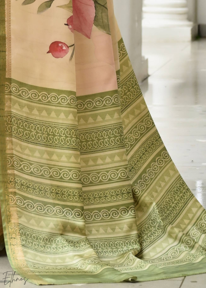 Olive Green Floral Zari Satin Silk Saree