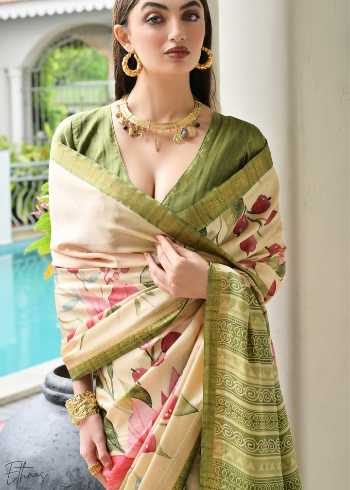 Olive Green Floral Zari Satin Silk Saree