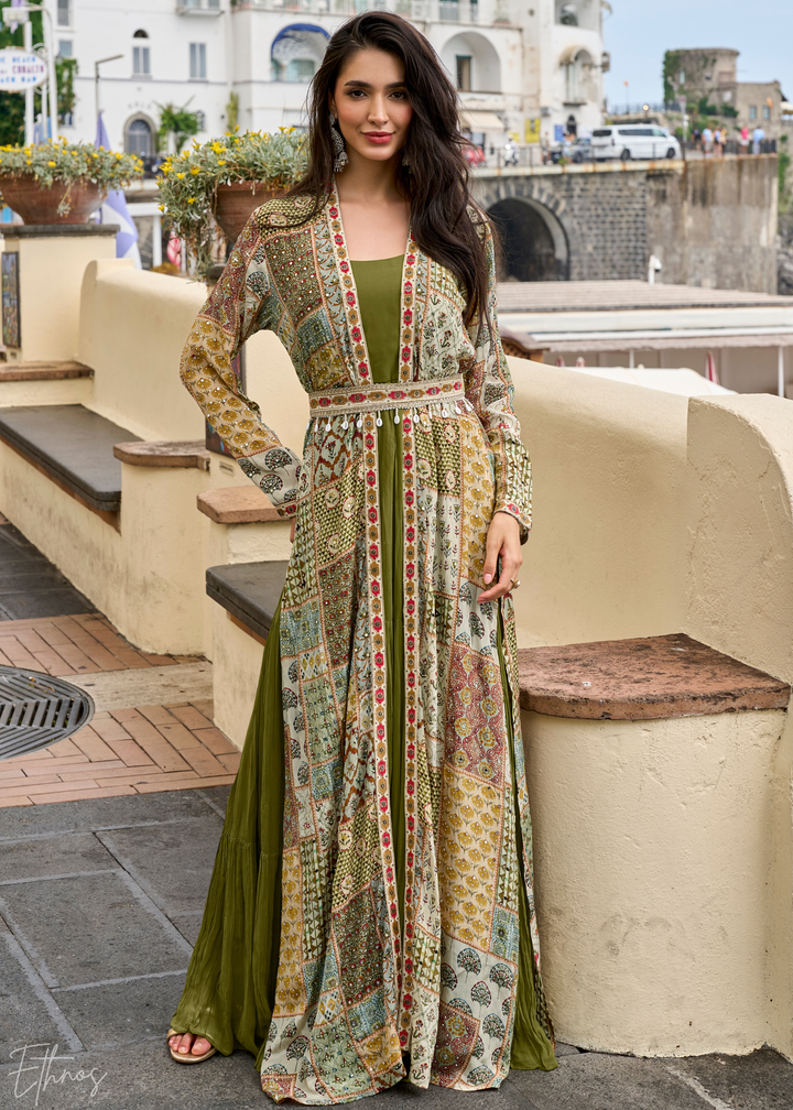 Olive Green Patchwork Printed Crepe Shrug Georgette Gown Set